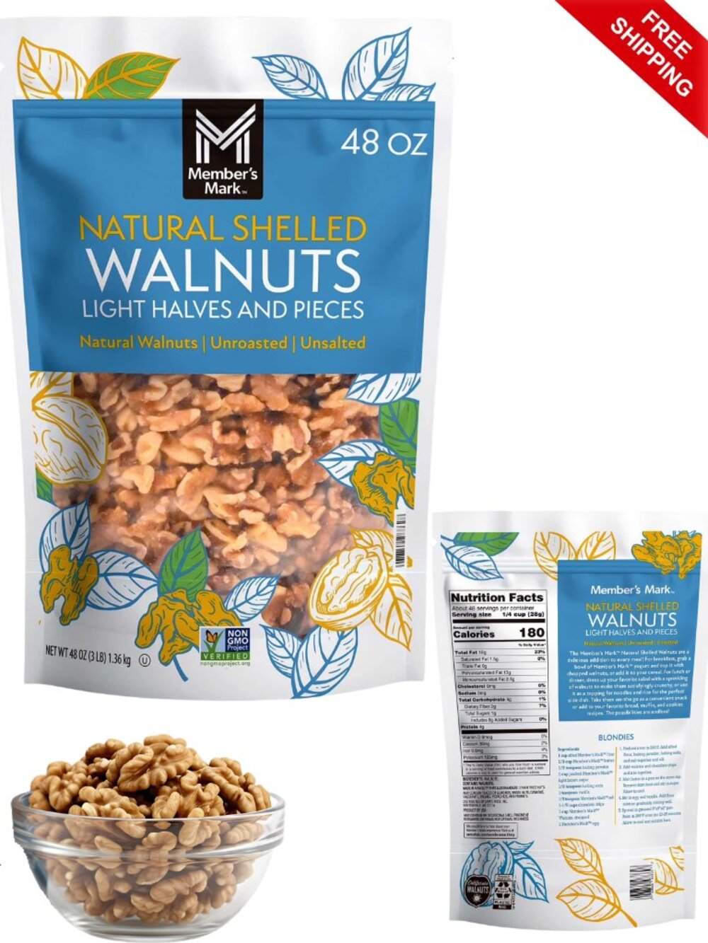 Member's Mark Natural Shelled Walnuts 48 oz Unsalted Unroasted Premium Nuts